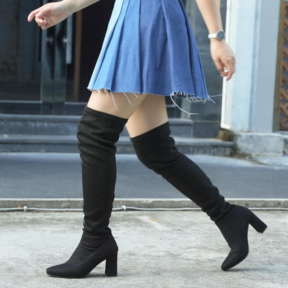 Hawkwell Women Black Chunky Thigh High Over The Knee High heel Boots Pointy toe - Picture 2 of 6